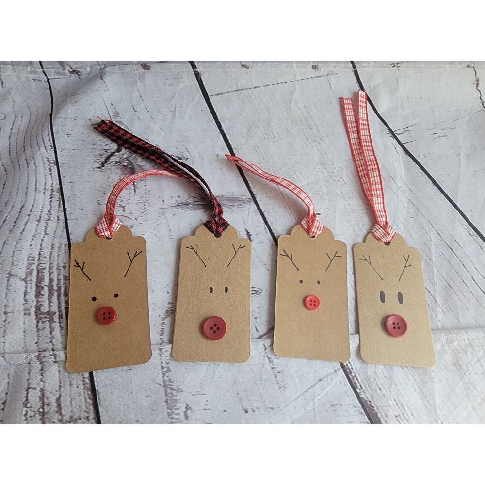 Handmade Button Reindeer Gift Tags Hangtags Set Of 4 New